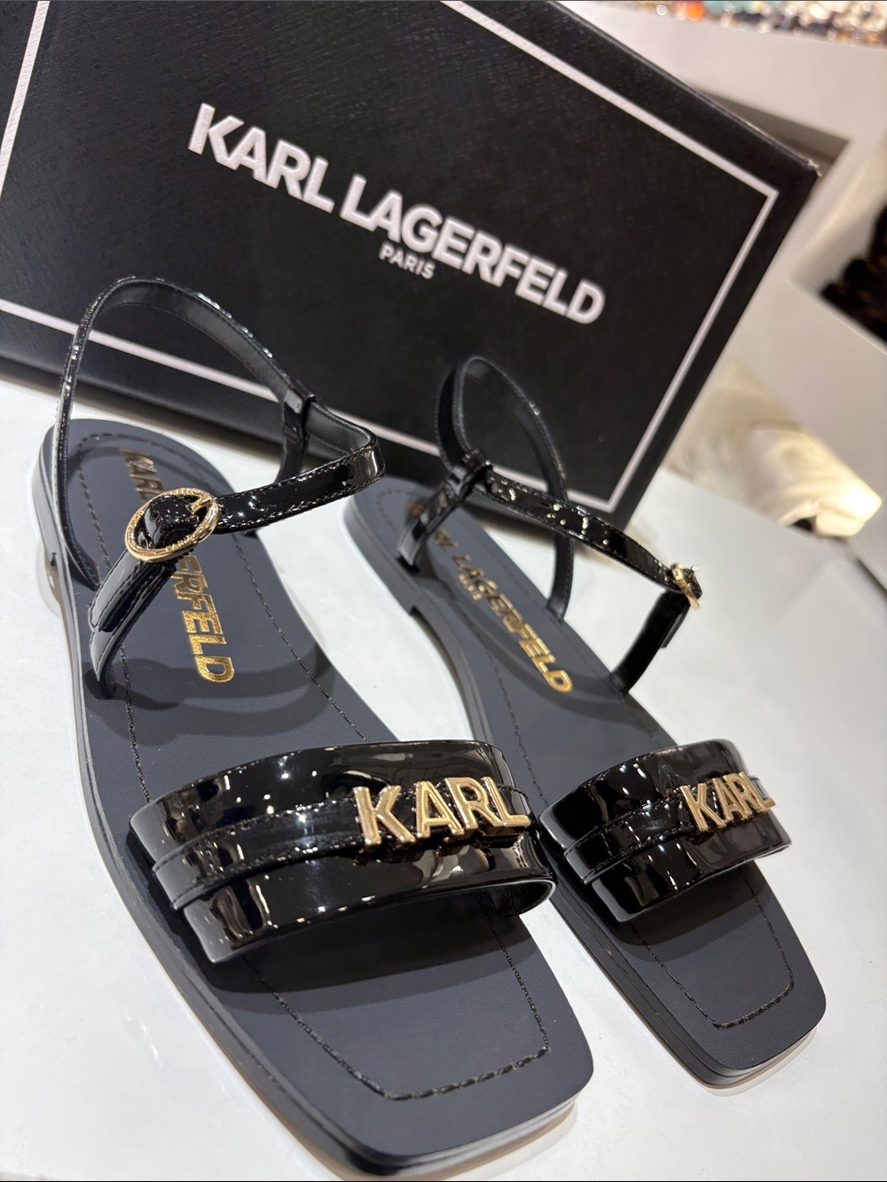 Karl Lagerfeld Black Patent Sandals with Gold KARL Accent